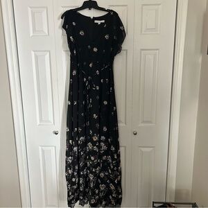 le chateau Black Maxi Dress with White Floral Print and Tie Waist